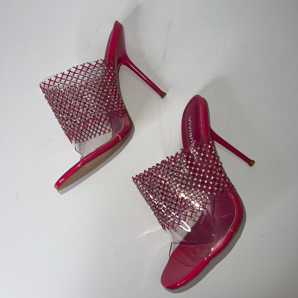 Vivianly Rose Red Clear Mesh Crystal Heels Size 7